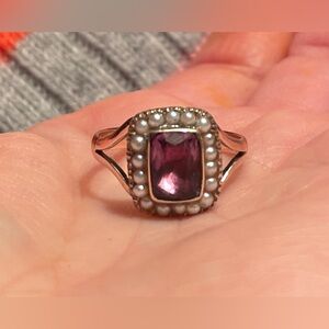 Antique 9KT Amethyst & Seed Pearl Halo Mourning Ring